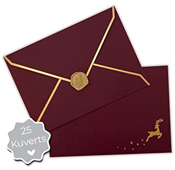 JoliCoon 25 Premium Briefumschläge Weihnachten mit Wachssiegel | Goldveredelung, Rentiermotiv, 16,5 × 11,5 cm, für Karten, Einladungen und Gutscheine