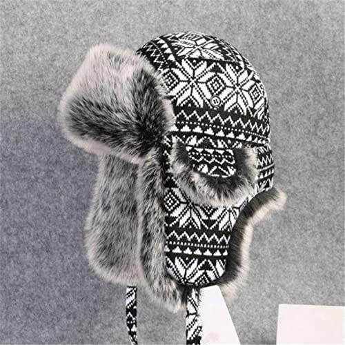DEPAJA Russische Mütze Russischer Hut Ushanka Schwarz Weiß Bomber Fliegermützen Männlich Weiblich Ohrenklappen Winter Dicke Warme Strick Trappermütze,Schwarz Weiß,56Cm