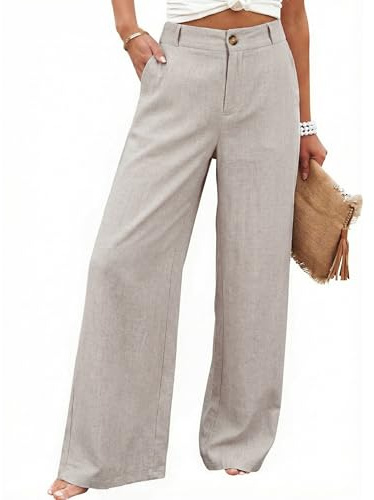Hooever Womens Cotton Linen Pants Casual Button Up High Waisted Wide Leg Trousers(Khaki-Small)