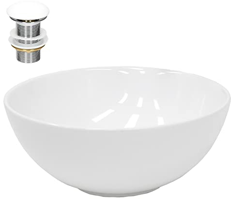 ECD Germany Lavabo per Bagno da Appoggio Ø 320x135 mm in Ceramica Bianca incl. Piletta di Scarico per Lavandini Senza Troppopieno Lavello Rotondo Sanitari per Bagno