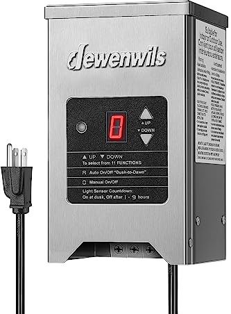 DEWENWILS 150W Low Voltage Landscape Transformer with Photocell Sensor, 120V AC to 12V/15V AC, Low Voltage Transformer for LED Landscape Lights, Spotlight, Weatherproof Stainless Steel, ETL Listed