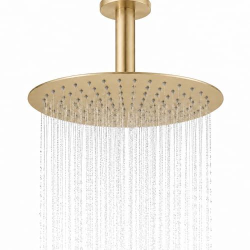 BSTIIU 12 Inch Round Rainfall Shower Head, High Pressure Overhead Shower Heads, Wall Ceiling Mounted Ultra Thin Stainless Steel Shower Head, Brushed Gold
