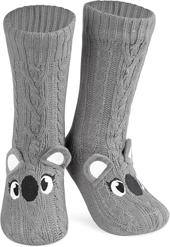 CityComfort Calze a Pantofola da Donna, Calzini Antiscivolo Donna in Caldo Pile, Calzettoni Invernali da Casa, Calze Natalizie Animali Divertenti Taglia Unica (Grigio Koala)