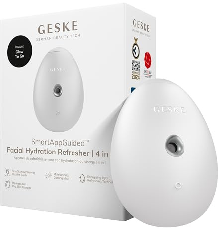 GESKE | SmartAppGuided™ Facial Hydration Refresher | 4 i 1 | Vattenfördelare | Ansiktsångare | Vattenspray | Ansiktsmister | Ansiktsrengöringsenhet | Mister | Kosmetika | Naturlig lyster