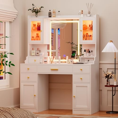 White Makeup Vanity Desk with Mirror and Lights, Large Vanity Table Set with Charging Station, Dressing Table with RGB Cabinets, Makeup Vanity Mirror with Light Desk and Drawers, 3 LED Light Modes