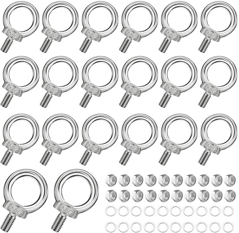 Elesunory 20 Pack Eye Bolts with Nuts, M6 Lifting Shoulder Eye Bolt, Stainless Steel Eye Bolts, Male Screw Threaded Eyebolt with Washer
