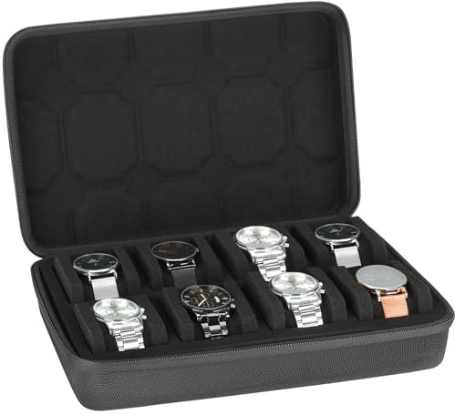 LETURE Hartschalen-Reiseetui mit 2–10 Schlitzen, Uhrenrolle, Aufbewahrung und Organizer, Uhrenschutzhülle mit Anti-Bewegungs-Uhrenkissen, Schwarz, 8 Slots-Black, Modern