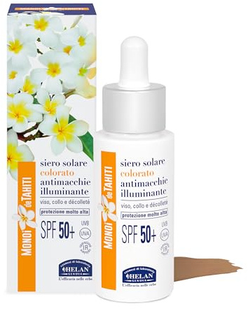 Helan Monoï de Tahiti - Sérum Hydratant Teinté Anti-Cernes avec Vitamine C et E, Soin Solaire Protection 50+ Visage Protéger le Collagène contre la Lumière Bleue, Soin Illuminateur Visage 2en1 30ml