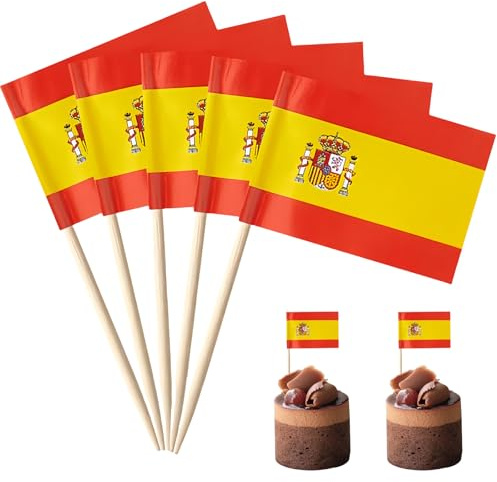 100 palillos de dientes con bandera de España, decoración para tartas, palitos de cóctel a cuadros, etiquetas de alimentos, decoraciones de fiesta temática, decoraciones de fiesta de cupcakes