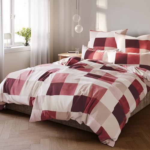 Pure Label Karierte Bettwäsche Set 135x200 80x80 rot aus Baumwolle | Waschbar bei 60∘C - Atmungsaktiv für Sommer & Winter - pflegeleicht