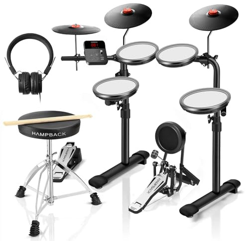 HAMPBACK MK-0 PRO Electric Drum Set with 7'' Mesh Drum Pads, 8'' Full Rubber Cymbals, 5'' Bass Drum, 12 Kits and 68 Authentic Sounds, USB MIDI, Throne, Sticks, Headphone, Suitable for Beginners & Kids