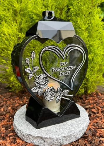 Grablampe mit Text WIR VERMIESSEN Dich Grablampe 33 cm H. Farbe Silber Grabkerze Kerze Grablicht Grabdeko Gartenlampe Laterne ohne Sockel - Kerze Gratis.