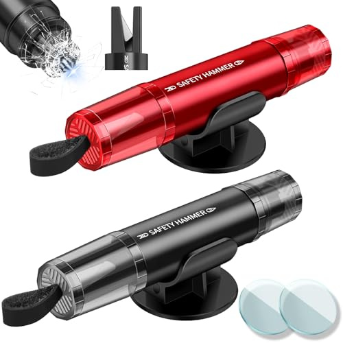 ROELLY Juego de 2 Piezas de Rompe Cristales y Cinturones, Martillo Rompe Cristales Coche, Herramienta de Rescate de Emergencia 2 en 1, Corta Cinturones Rompe Cristales, Accesorios de Escape,Rojo+Negro