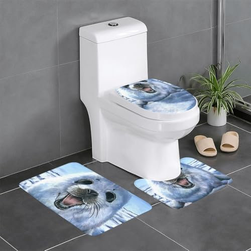 FLYIFE Badezimmermatten-Set mit Harfen-Siegel, bedruckt, 3-teilig, Flanell, rutschfest, wasserabsorbierend, Badezimmerteppich-Set mit U-förmiger WC-Vorleger und WC-Deckelbezug