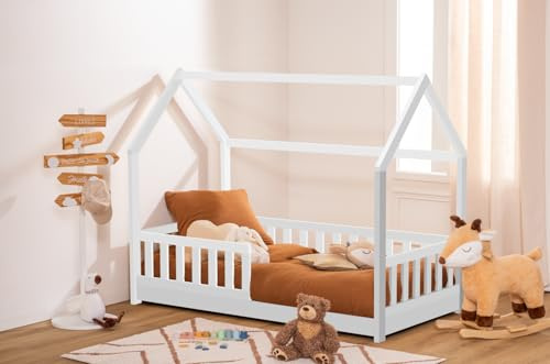 WEB2O Atmosphera Hüttenbett für Kinder aus Holz, Kinderbett, Kinderzimmer Möbel, 80 x 160 cm, Weiß