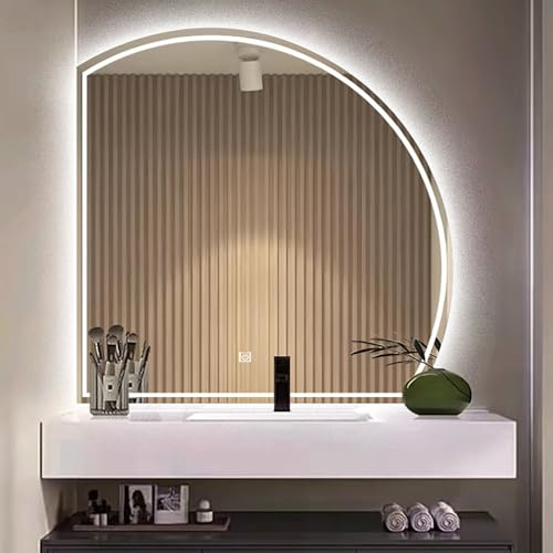 Specchio Semicerchio Con Led, Semicerchio Specchio Da Bagno, Specchi Decorativi Senza Cornice Moderno, Disappannamento, Luce Regolabile A Tre Colori, Indicazione Dell'ora, Taglio A Sinistra(50*50cm/1