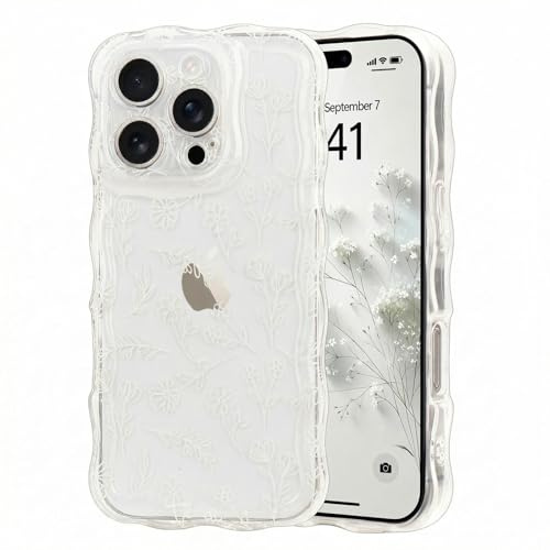 Micoden for iPhone 16 Pro Max Case Clear with Flower Floral Anti-Yellowing | Cute Curly Wave Frame,Soft TPU Slim Bumper,Shockproof Anti-Scratch Protective Wavy Cover for Girls Women-White