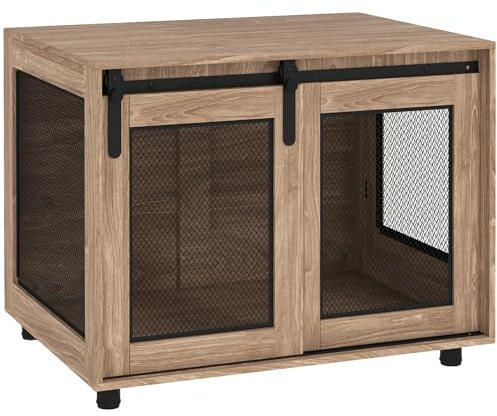 PawHut Dog Crate Furniture with Sliding Door 80 x 58.5 x 63cm Walnut Brown | Dog Cage End Table, Pet Kennel for Extra Large Breeds