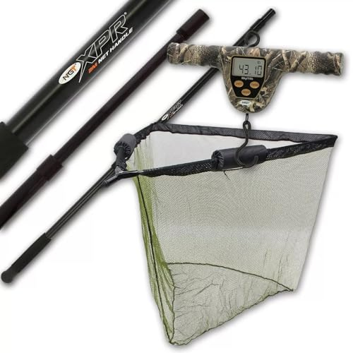 Carp Fishing Landing Net 42 Dual Float Metal V Block Spreader Green Stink Bag with 2m Telescopic Pole Handle Screw Fix & Digital Camo Scale 110lbs/50kg Essential Gear Tackle