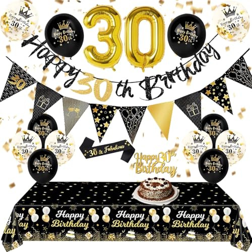 30th Birthday Party Decorations - Black Gold 30th Happy Birthday Banners Balloons Tablecloth Cake Topper Sash Bunting Flags Number Balloons for Adults Men Women Birthdays Decor