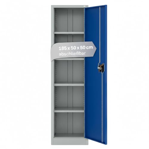 LagerZwei Mehrzweckschrank 185x50x50cm I Metallschrank, 4 Fachböden I Aktenschrank abschließbar I Robuster Allzweckschrank als Spind, Werkstattschrank & Kellerschrank I Stahlschrank blau-weiß