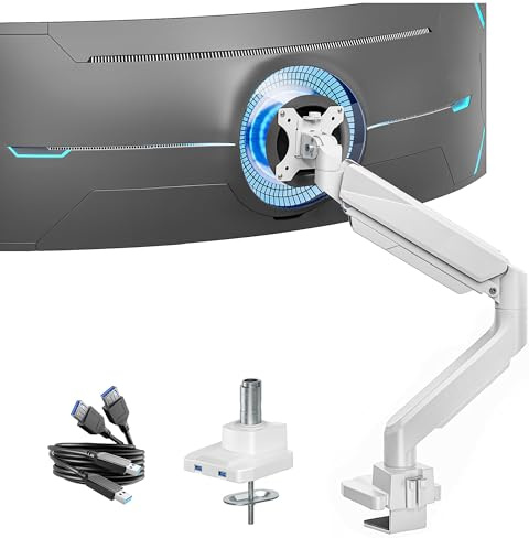 ARES WING Monitor Halterung mit USB A/C für 17-45 Flach Curved Bildschirm, Höhenverstellbar Bildschirmhalterung, Monitor Arm Tragfähigkeit Max 18 kg, 75/100mm Vesa-Halterung, Tischhalterung Weiß