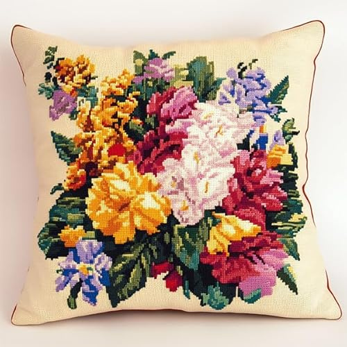 ANSIWEIGO Juego de anudados DIY para adultos principiantes, funda de almohada o alfombra con patrón preimpreso, 43 x 43 cm, cojín de nudos, decoración del hogar, ramo de flores brillantes