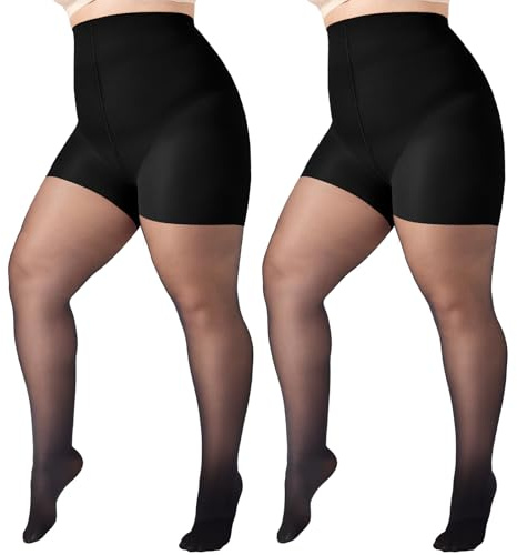 WiliW 2 Pairs Plus Size Control Top Pantyhose Ultra High Waist Sheer Tights Tummy Shaping Stockings for Women(Black XL-2XL)