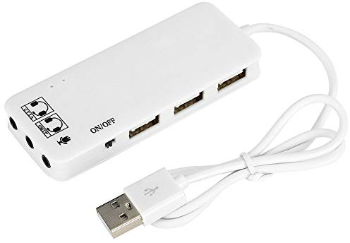 Adaptateur de Carte Son USB Externe avec 2 Ports de Casque, 1 cric de Micro, 3 Ports USB 2.0, Plug et Lecture du Centre Audio stéréo pour PC, Ordinateur Portable, Bureau, (Blanc)