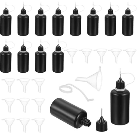 QUARKZMAN 15 Stück Quetschflaschen 50ml/1.7oz Klebeflaschen Mit Spitze Plastikflüssigkeitsflaschen Für Papierarbeiten Malen Öl Tinte(Schwarz Mit 15 Trichtern)