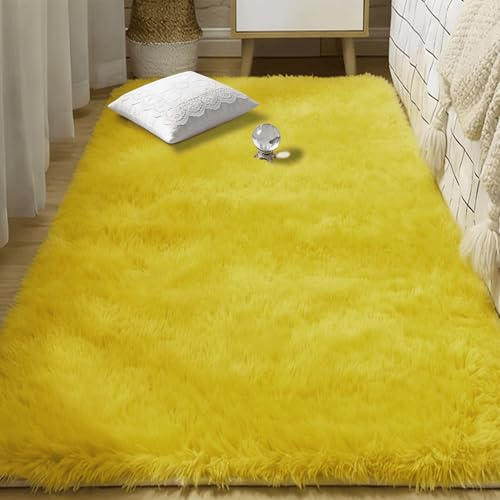 WRUIJIO Moderner Hochflor Teppich 120 x 360 cm Kunstfell Weich Kurzfloriger Weicher Wohnzimmerteppich Super Soft für Schlafzimmer Kinder Flur, Wohnzimmer, Gelb