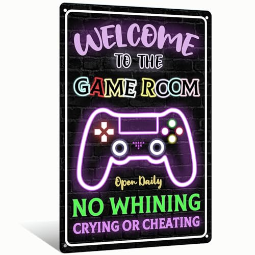 Welcome to the Game Room Metal Neon-Style Fun Aluminum Sign Wall Decor for Esports Club, Arcade, Home Gaming Man Cave, Dorm Game Lounge Game Café 12x8 Inches Playful Gamer Themed Wall Art (25258)