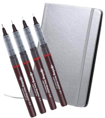 rOtring Tikky Grafik-Fineliner mit vier verschiedenen Stärken, schwarze Tinte, 4 Stück + metallisches Notizbuch, A5