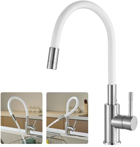 CECIPA Flexibler Küchenarmatur Weiß, Wasserhahn Küche mit 2 Strahlarten | Hochdruck Armatur Küche, Mischbatterie Küche, Spültischarmatur 360° Schwenkbar, Spülarmatur Edelstahl