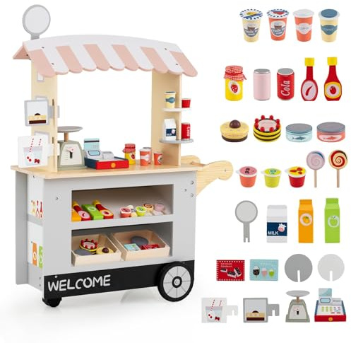 GOPLUS Kinder Kaufladen, Kaufmannsladen mit 2 Ablagen, Baldachin & 30 Zubehör, Einkaufsladen Holz mit 3 Rädern, Schiebegriff, Supermarkt für Rollenspiele, Verkaufsladen für Kinder ab 3 Jahren (Grau)