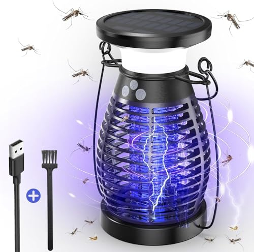 Solar Insektenvernichter Elektrisch, Mückenfalle mit 4200V Hochspannungsgitter, USB-C & Solar Aufladung 4000mAh Akku, IP66 Wasserdicht, Elektrische Fliegenklatsche für Haus, Garten, Camping