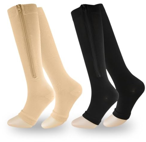 XFSRG 2 Pares Medias de Compresión con Cremallera hasta la Rodilla Calcetines con Cremallera Punta Abierta Medias de Compresión Médicas para Varices Correr Enfermeras Embarazo Viajar