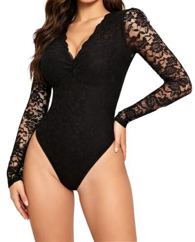 KAKALATLJ Lace Bodysuit Lingerie Sexy, Stretchy Sheer Floral V Neck Black Bodysuit, Long Sleeve Shapewear Bodysuit for Casual Party Clubwear