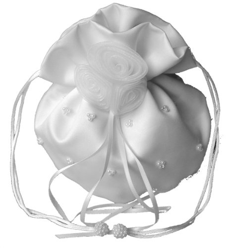 LadyMYP© Edeler Brautbeutel, Brauthandtasche mit Perlen & Organza-Blumen, Hochzeit, Kommunion, weiß/Ivory, ca. 16 * 22cm