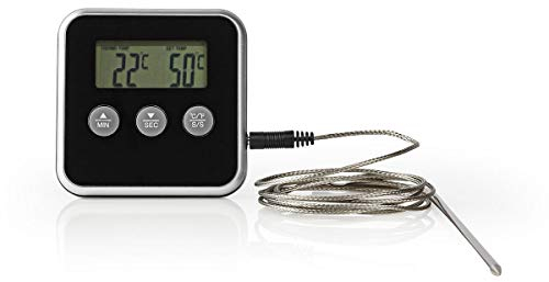 Nedis LCD Digital Kitchen Cooking Probe Temperature Thermometer for Oven Smoker Roasting Baking BBQ Meat Jam Oil Deep Frying with Timer Alarm - Black