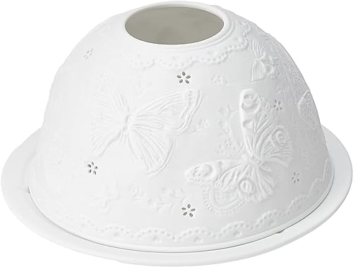 Nordic Lights Butterflies Porcelain Tealight Holder Dome | Candle Holder Projecting a 3D Image Use with Scented Candle, LED Light | Room Decor Lights | Shade & Plate Set with Gift Box
