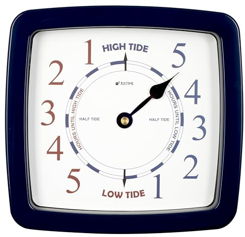 JUSTIME Tide Clock, 21.6 cm (8.5 Inch) Tidal Wall Clock with Water-Resistant Plastic Case, Colourful High & Low Tide Coastal Home Décor for UK & Atlantic Coastlines (TT419DB Basic Blue)