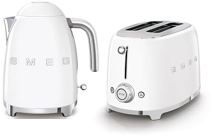 Smeg KLF03WHUK 1.7Ltr - 3kw Kettle and TSF01WHUK 2 Slice Toaster Set in White, Comes with a Oria Blue Water Filter Jug