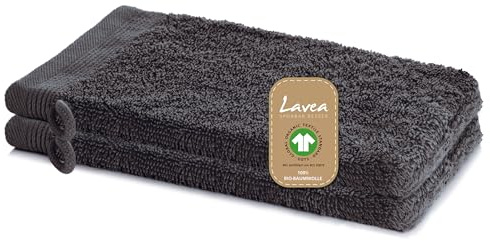 Lavea® 2er Set Waschhandschuh 16x22 cm – Anthrazit | 100% Baumwolle, weicher Frottee Waschlappen, saugstark, hautfreundlich, waschbar und strapazierfähig – Frottierserie Bali