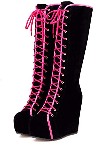 Aobaoya Women Pink Platform High Heels Boot Height Increasing Round Toe Lace-Up Winter Knee High Wedges Boots