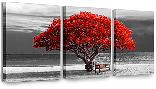 hyidecorart Leinwandbilder 30x40 cm 3er Set Wohnzimmer, Modern Rot Baum des Lebens Wandbilder Set mit Rahmen Schlafzimmer, Natur Schwarz und Weiß Kunstdruck Wanddeko Flur küche Büro Villa Badezimmer