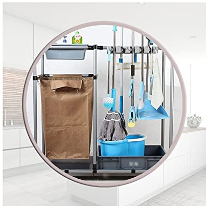 SHIJINHAO Broom and Mop Holder, Cleaning Trolley Tool Storage, Floor-Standing Garden Tool Wet Mop Storage Rack for Kitchen, Garage, Garden (Color : Silver, Size : 116x42.5x114cm)