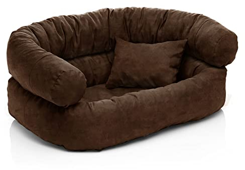 Juelle Hundebett aus Alcantara, Kissen für Kleine, Mittel und Große Hunde Abnehmbarer Bezug, flauschiges Hundesofa, Bett Hundesessel Astor S-XXL (140 x 100 cm, Braun)