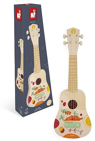 Janod - Sunshine Ukulele aus Holz - Musikinstrument für Kinder - Youkulele- Rollenspiel und Musikalische Früherziehung - Wasserfarbe - Ab 3 Jahren, J07652