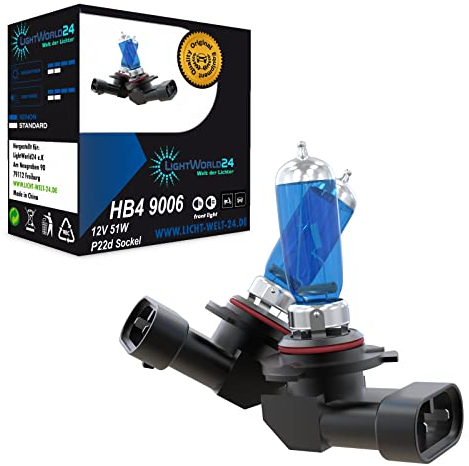 LIGHTWORLD24 HB4 9006 12V 51W Xenon Look Effekt Halogen Auto Lampen Birnen Licht Optik Super White 6000K Abblendlicht Nebellicht Nebelscheinwerfer Kaltweiss Weißes Licht Weiß 2er SET P22D